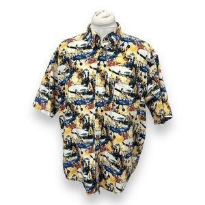 Crossings Mens Short Sleeve Hawaiian Camp Shirt Cotton Airplane/Car Print VTG L